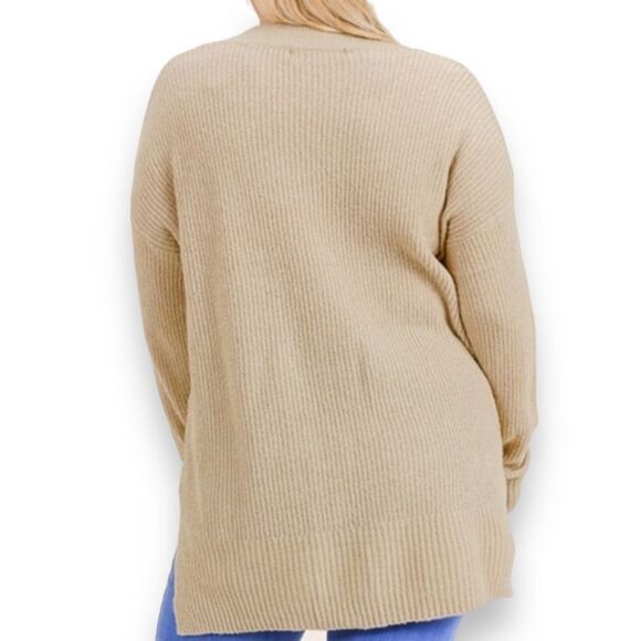 Beige Crew Neck Long Sleeve Lightweight Rib Knit Sweater NEW - Picture 3 of 4